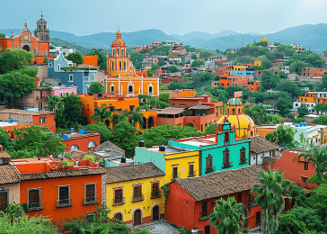 A photograph of brightly colored houses and buildings interspersed among trees