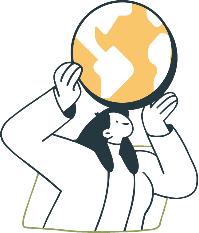 A graphic of a woman holding a globe above her head