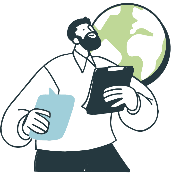 A graphic of a man holding a clipboard with a globe behind him