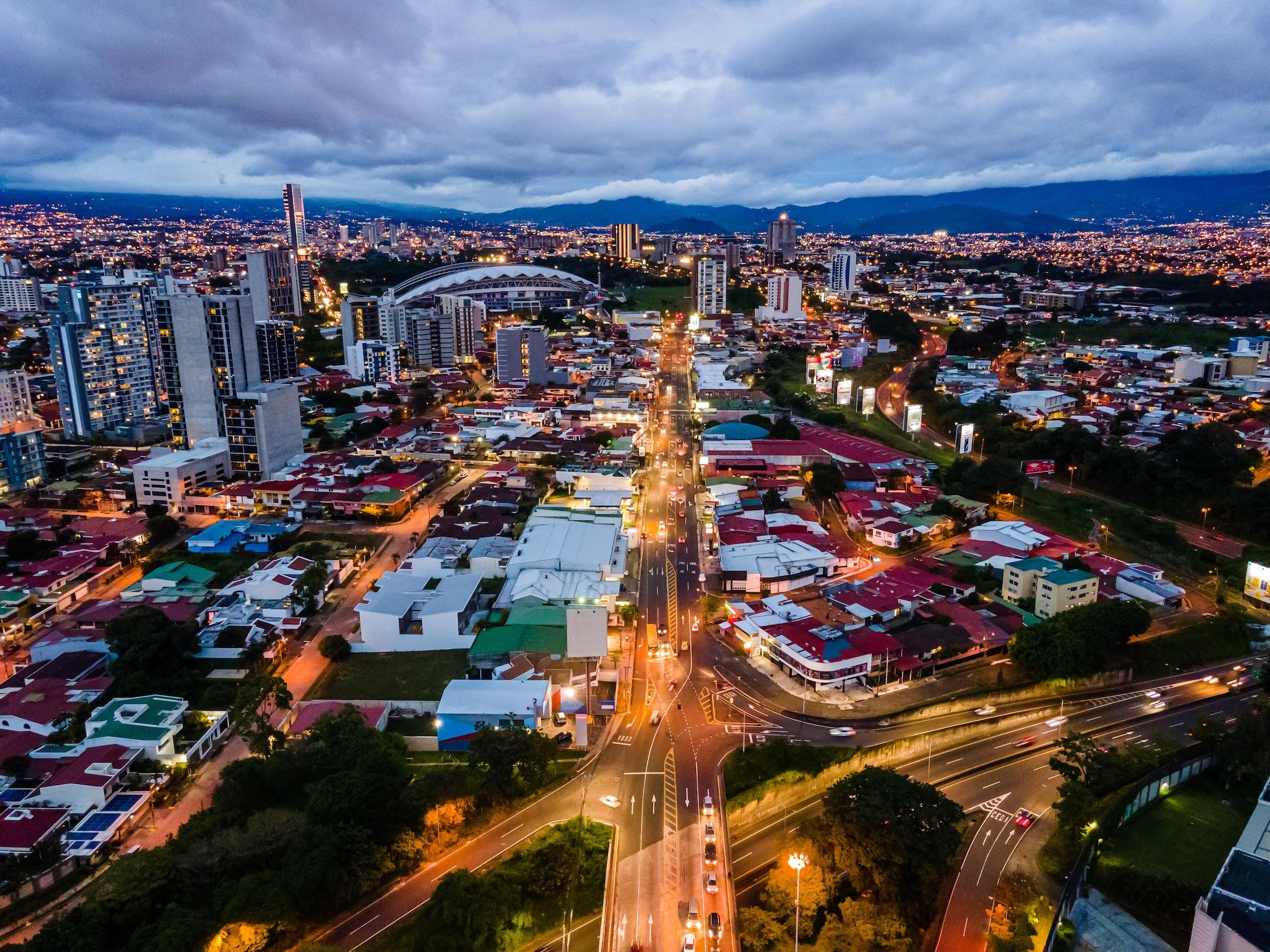 aerial view of the city of San Jose Costa Rica At Night with lots of lights
